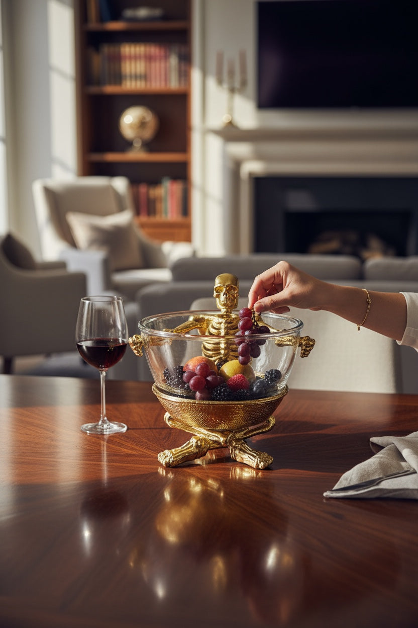 Skeleton Bowl with Glass Insert – Gothic Decorative Serveware | Gold, Silver or Antique Finish