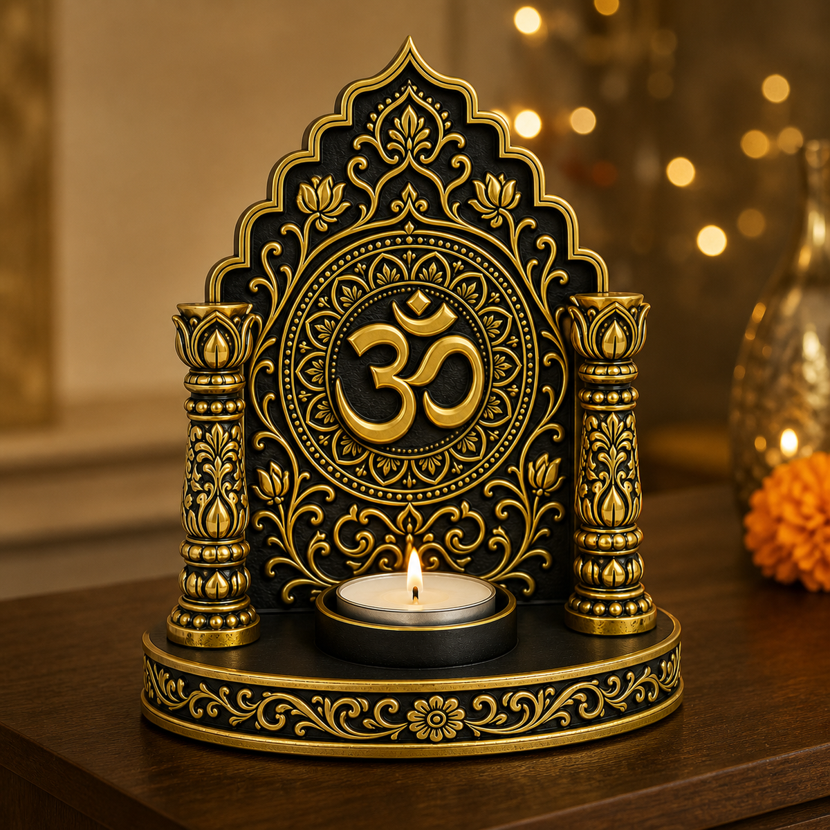 Om mandir tealight holder lit on dark wood with marigolds and fairy lights behind