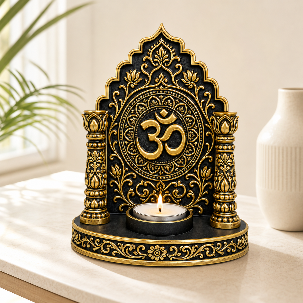 Om mandir tealight holder on a marble surface beside a white vase and a plant