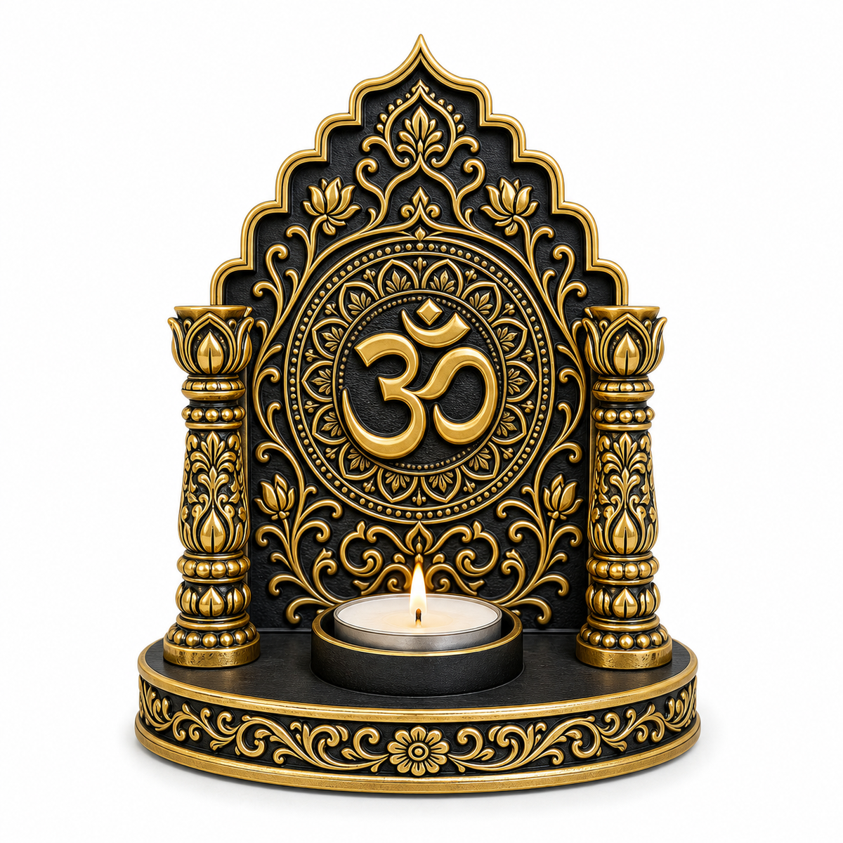 Om mandir tealight holder in antique gold, front view with the Om on a lotus mandala