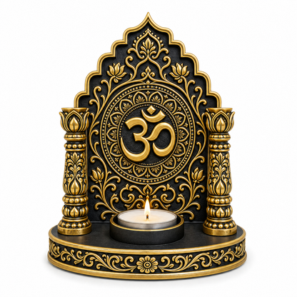 Om mandir tealight holder in antique gold, front view with the Om on a lotus mandala