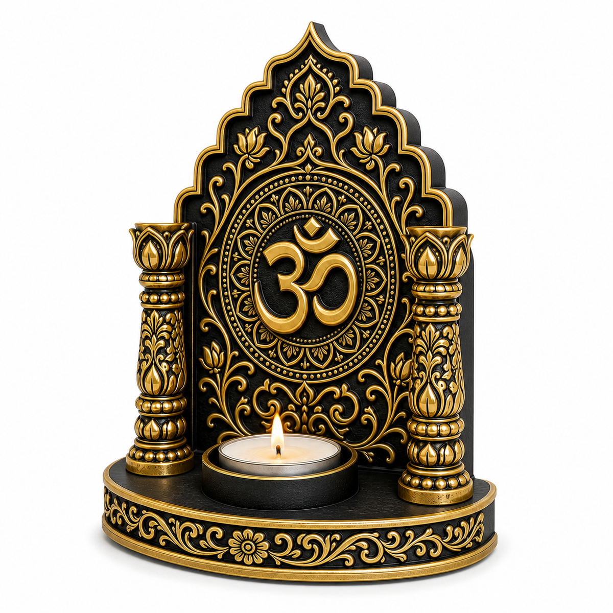 Angled view of the Om mandir tealight holder showing the lotus pillars and oval base