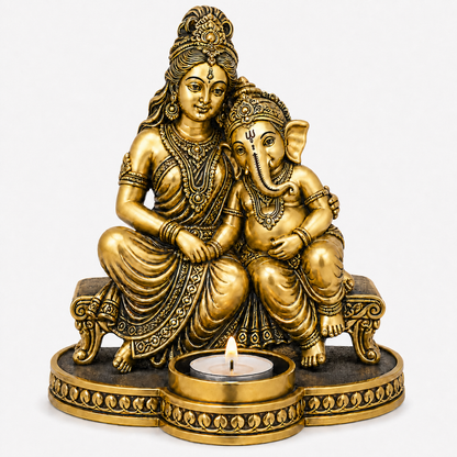 Parvati and young Ganesha tealight holder in antique gold, front view seated on a bench