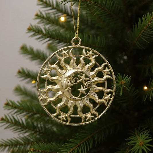 Sun and moon christmas ornament | celestial metallic decor in gold, silver and antique | set of 2 or 4