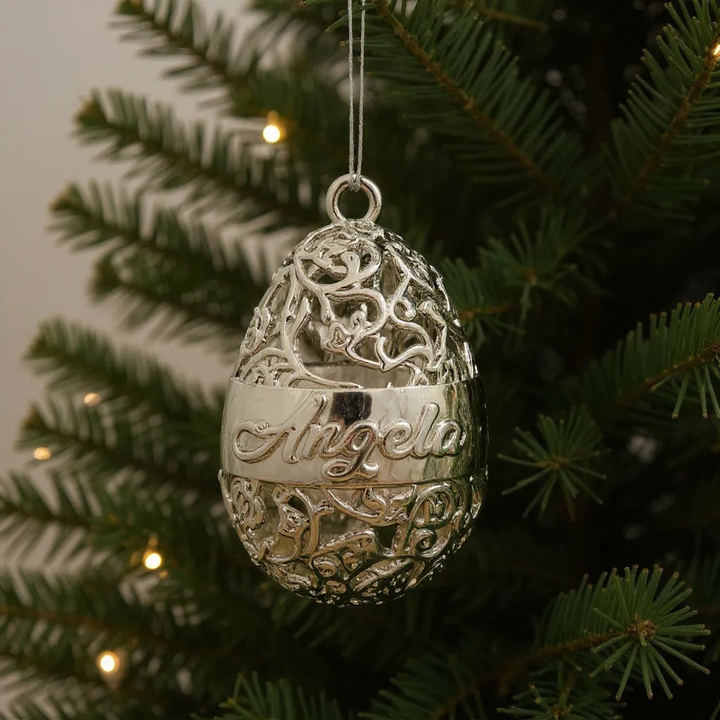 Personalised floral egg christmas bauble | antique gold metallic ornament | set of 2 or 4