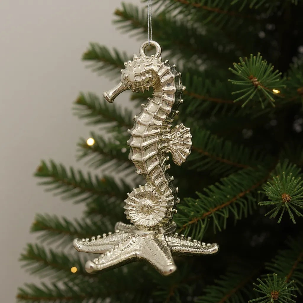 Seahorse christmas ornament | coastal metallic tree decor in gold, silver and antique | set of 2 or 4