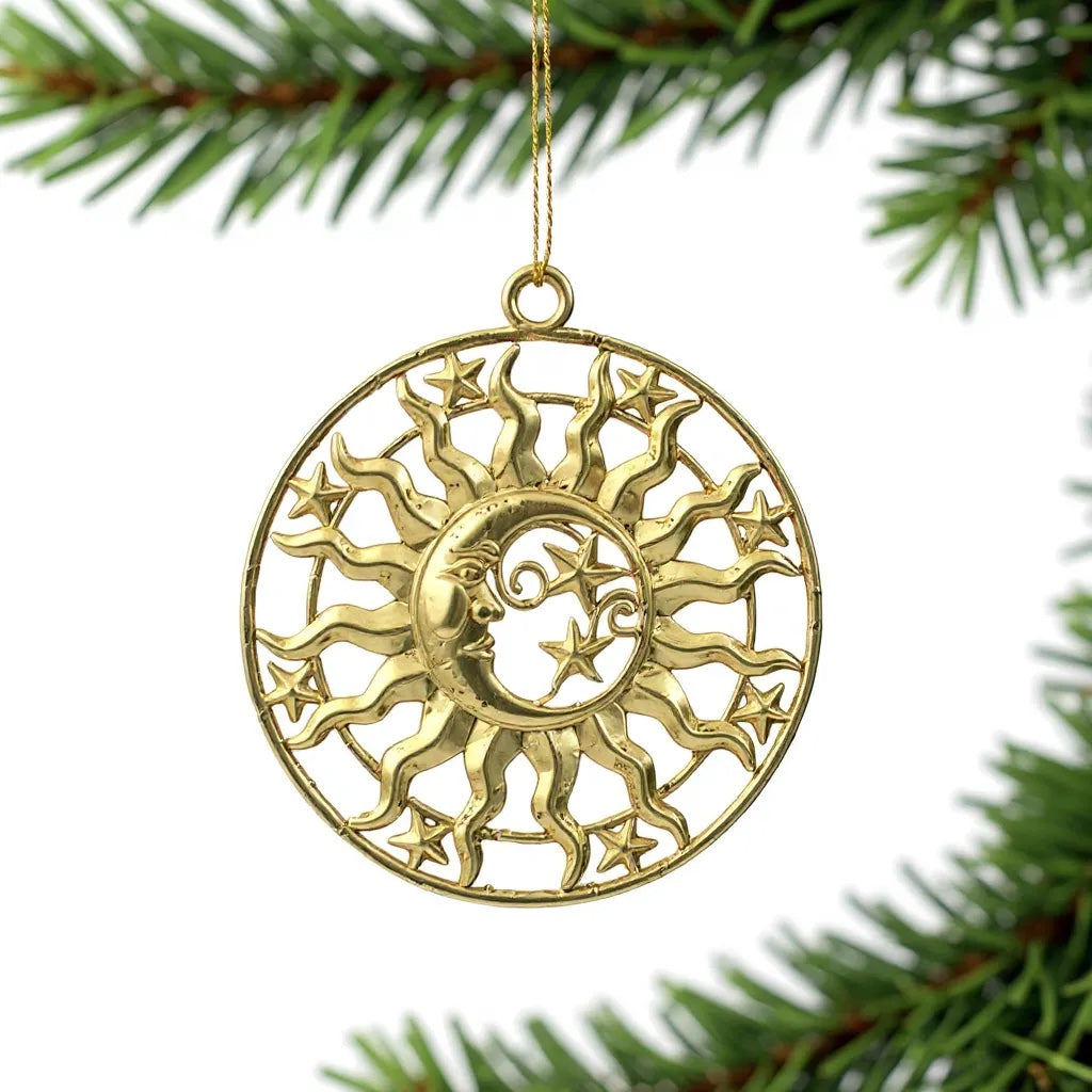 Sun and moon christmas ornament | celestial metallic decor in gold, silver and antique | set of 2 or 4