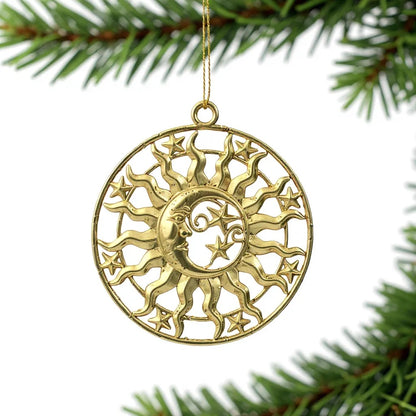 Sun and moon christmas ornament | celestial metallic decor in gold, silver and antique | set of 2 or 4