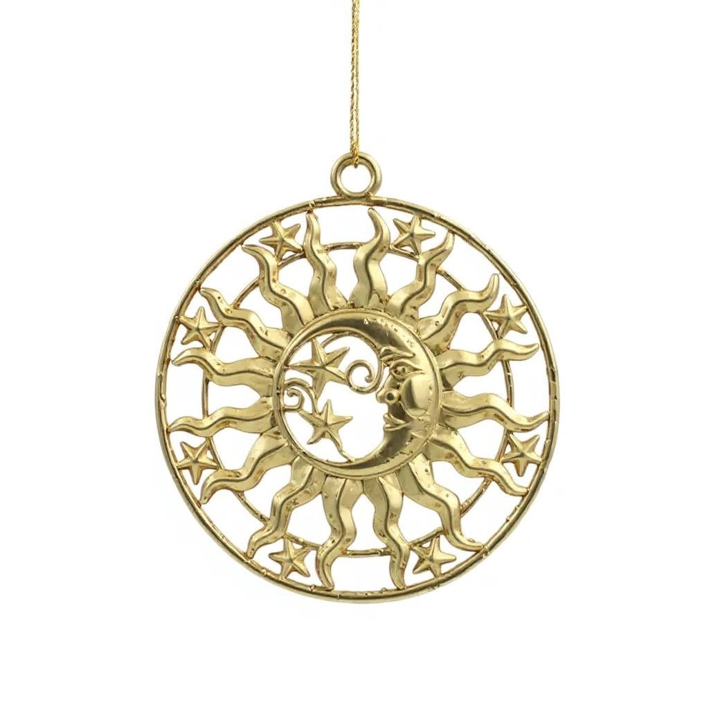 Sun and moon christmas ornament | celestial metallic decor in gold, silver and antique | set of 2 or 4