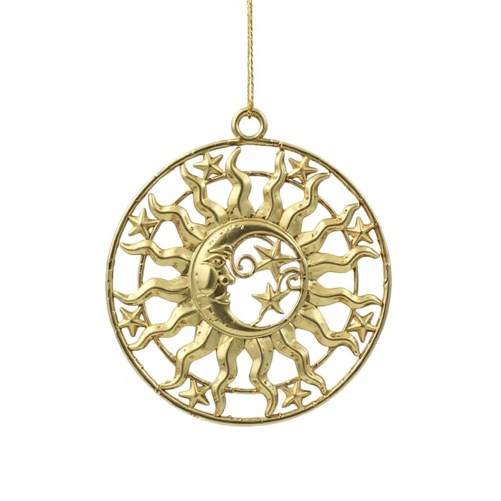 Sun and moon christmas ornament | celestial metallic decor in gold, silver and antique | set of 2 or 4