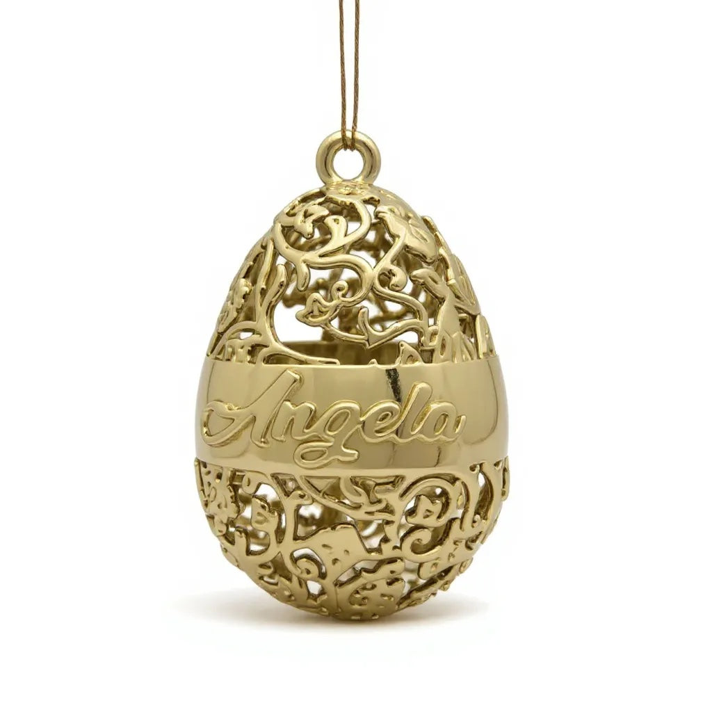 Personalised floral egg christmas bauble | antique gold metallic ornament | set of 2 or 4