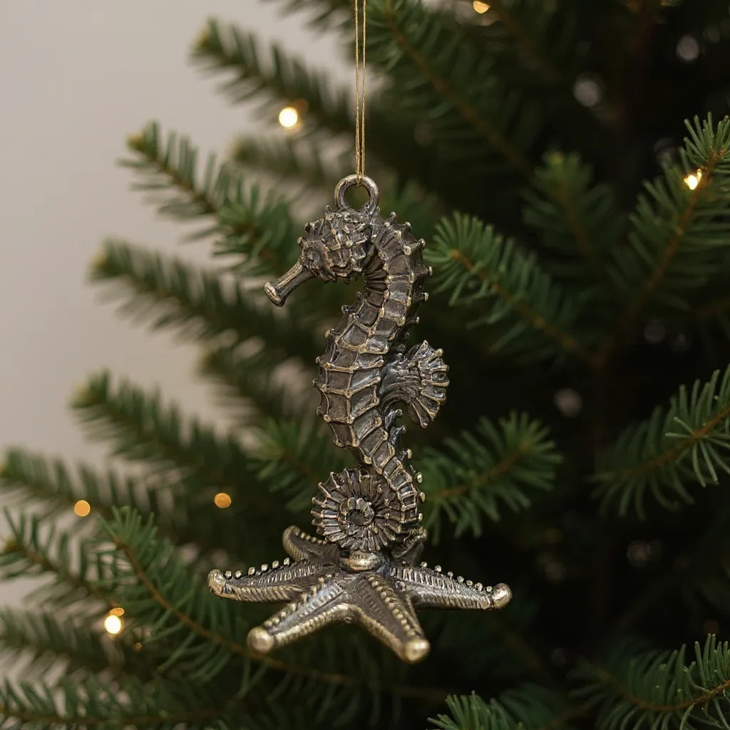 Seahorse christmas ornament | coastal metallic tree decor in gold, silver and antique | set of 2 or 4