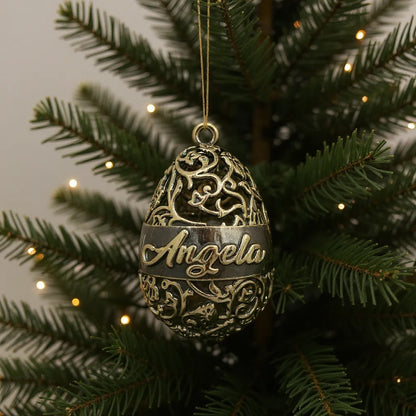 Personalised floral egg christmas bauble | antique gold metallic ornament | set of 2 or 4