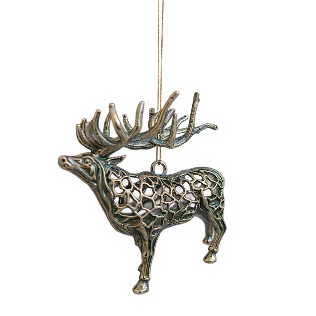Reindeer christmas ornament | metallic holiday tree decor in gold, silver and antique | set of 2 or 4