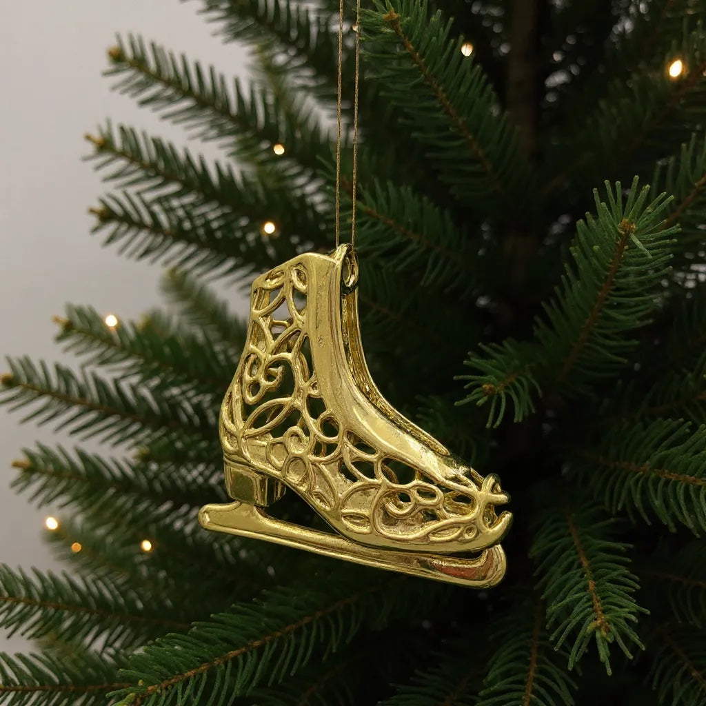 Ice skating boot christmas ornament | metallic holiday decor in gold, silver and antique | set of 2 or 4