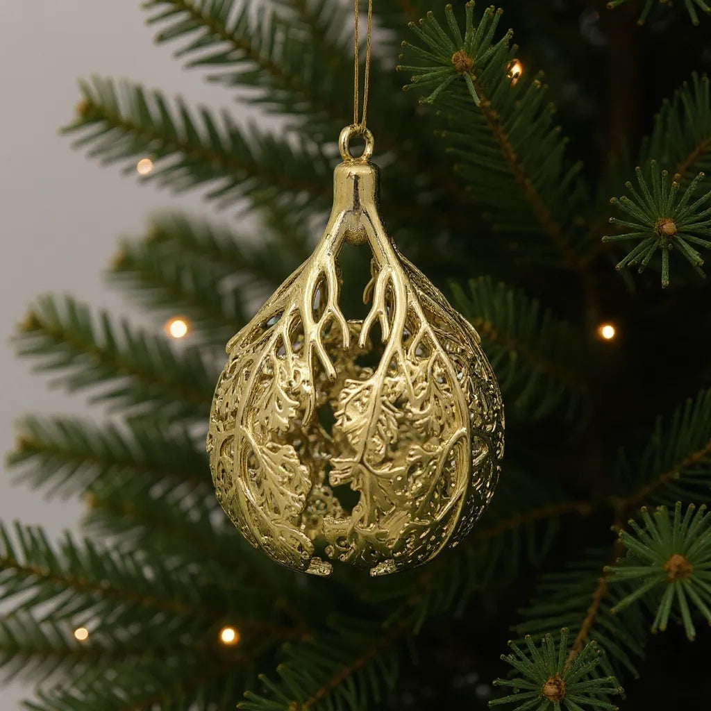 Leafy bulb Christmas ornament | metallic ball ornament in gold, silver and antique | set of 2 or 4