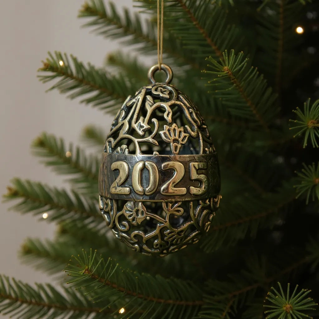 Personalised floral egg christmas bauble | antique gold metallic ornament | set of 2 or 4
