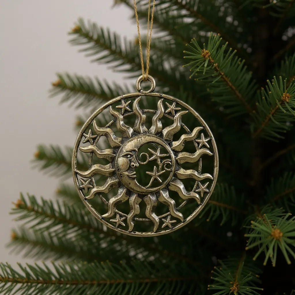 Sun and moon christmas ornament | celestial metallic decor in gold, silver and antique | set of 2 or 4