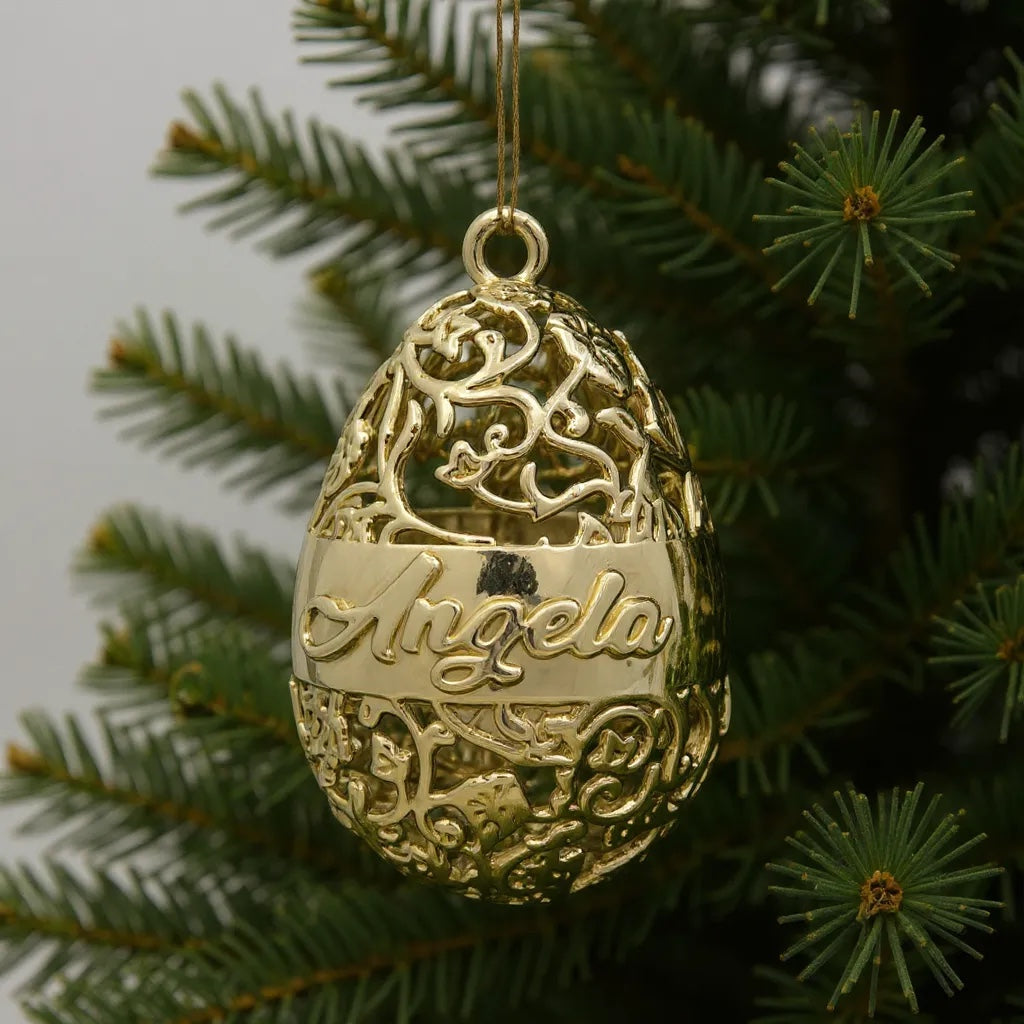 Personalised floral egg christmas bauble | antique gold metallic ornament | set of 2 or 4