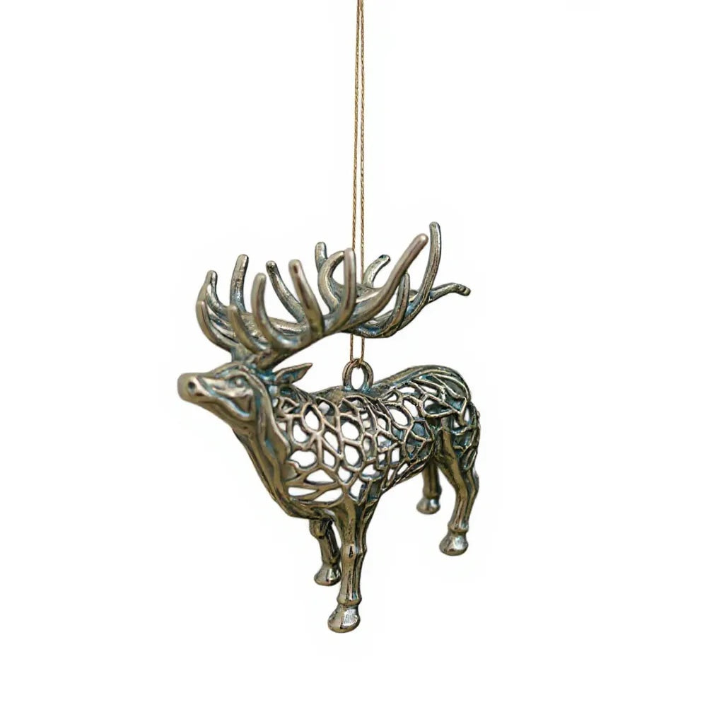 Reindeer christmas ornament | metallic holiday tree decor in gold, silver and antique | set of 2 or 4