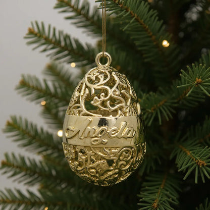 Personalised floral egg christmas bauble | antique gold metallic ornament | set of 2 or 4