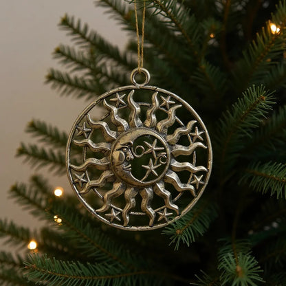 Sun and moon christmas ornament | celestial metallic decor in gold, silver and antique | set of 2 or 4