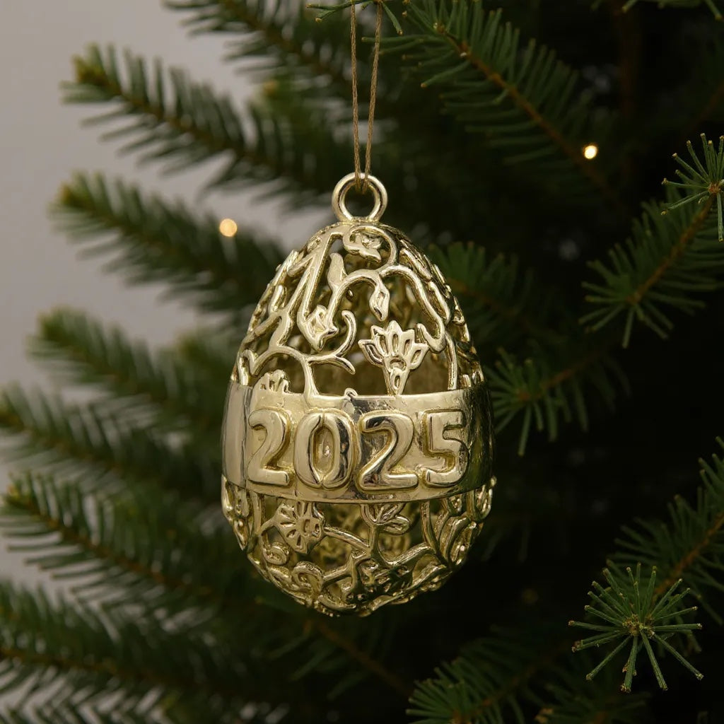 Personalised floral egg christmas bauble | antique gold metallic ornament | set of 2 or 4