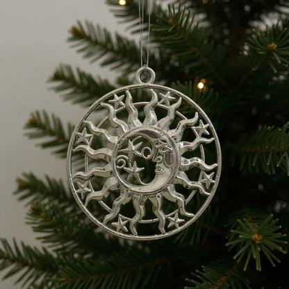 Sun and moon christmas ornament | celestial metallic decor in gold, silver and antique | set of 2 or 4