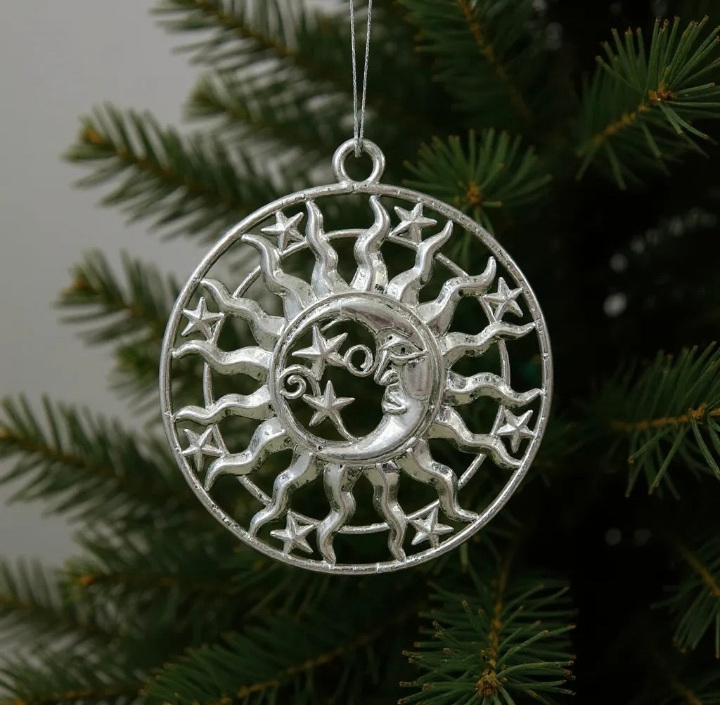 Sun and moon christmas ornament | celestial metallic decor in gold, silver and antique | set of 2 or 4