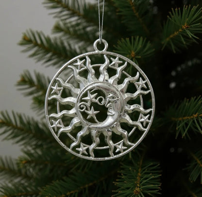 Sun and moon christmas ornament | celestial metallic decor in gold, silver and antique | set of 2 or 4