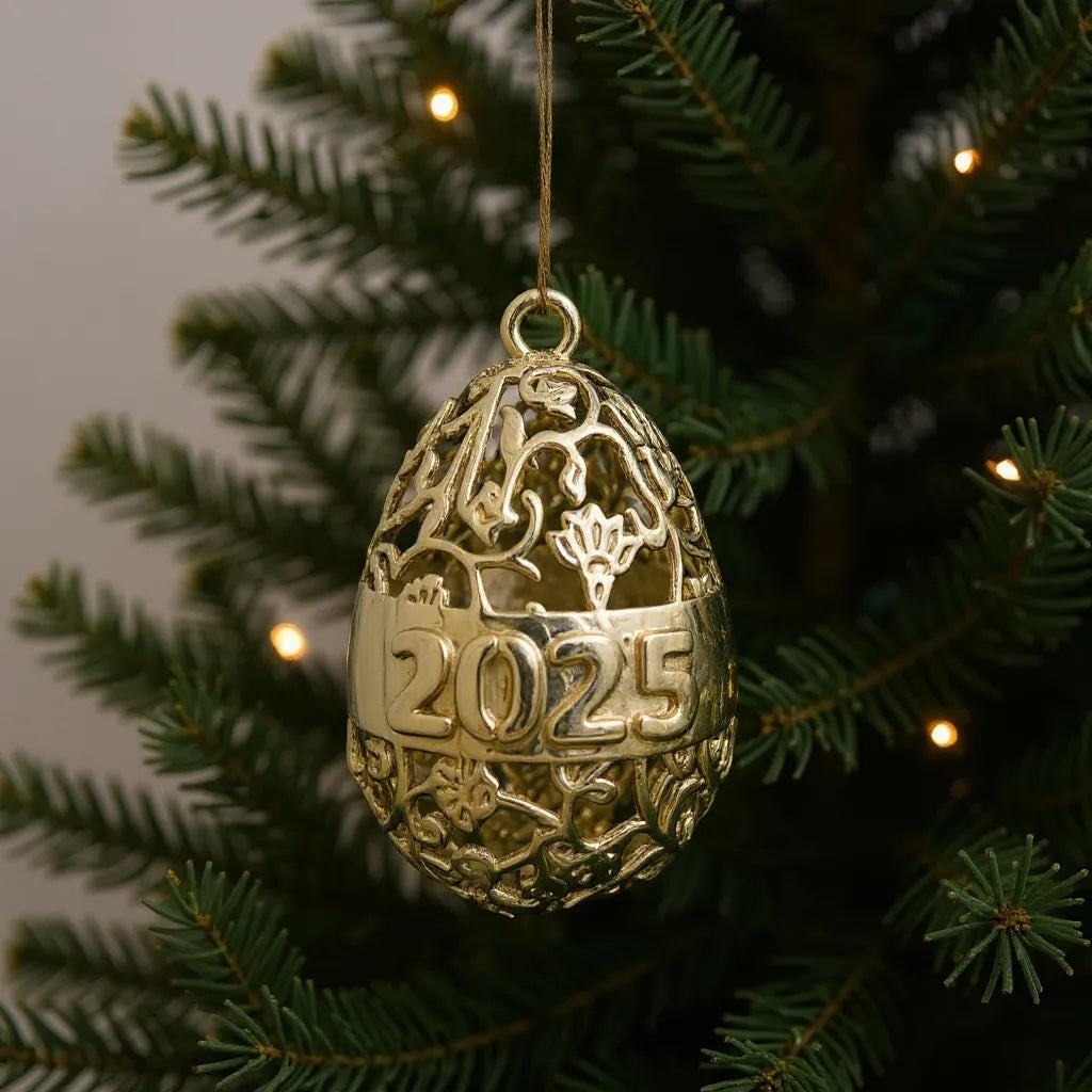 Personalised floral egg christmas bauble | antique gold metallic ornament | set of 2 or 4
