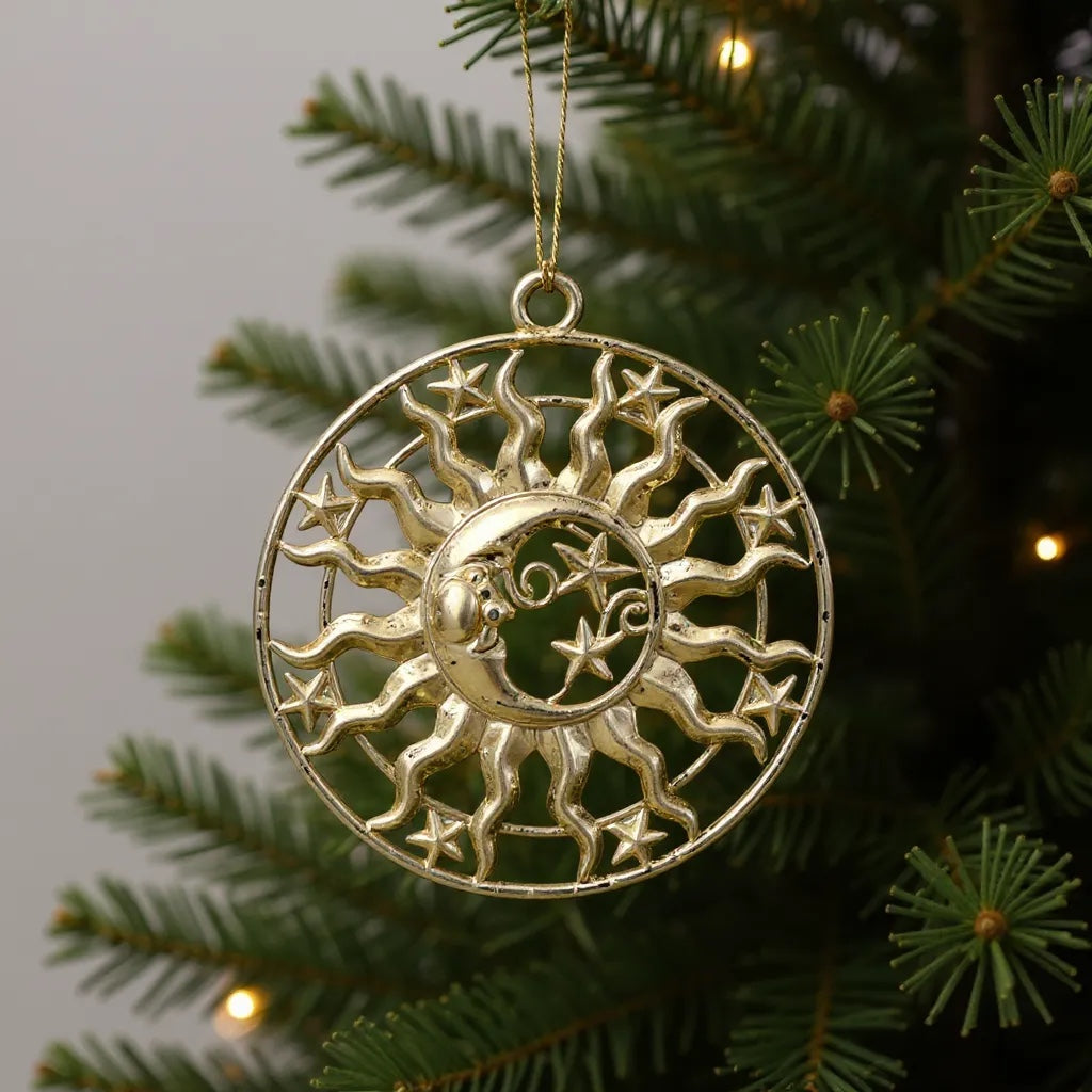 Sun and moon christmas ornament | celestial metallic decor in gold, silver and antique | set of 2 or 4