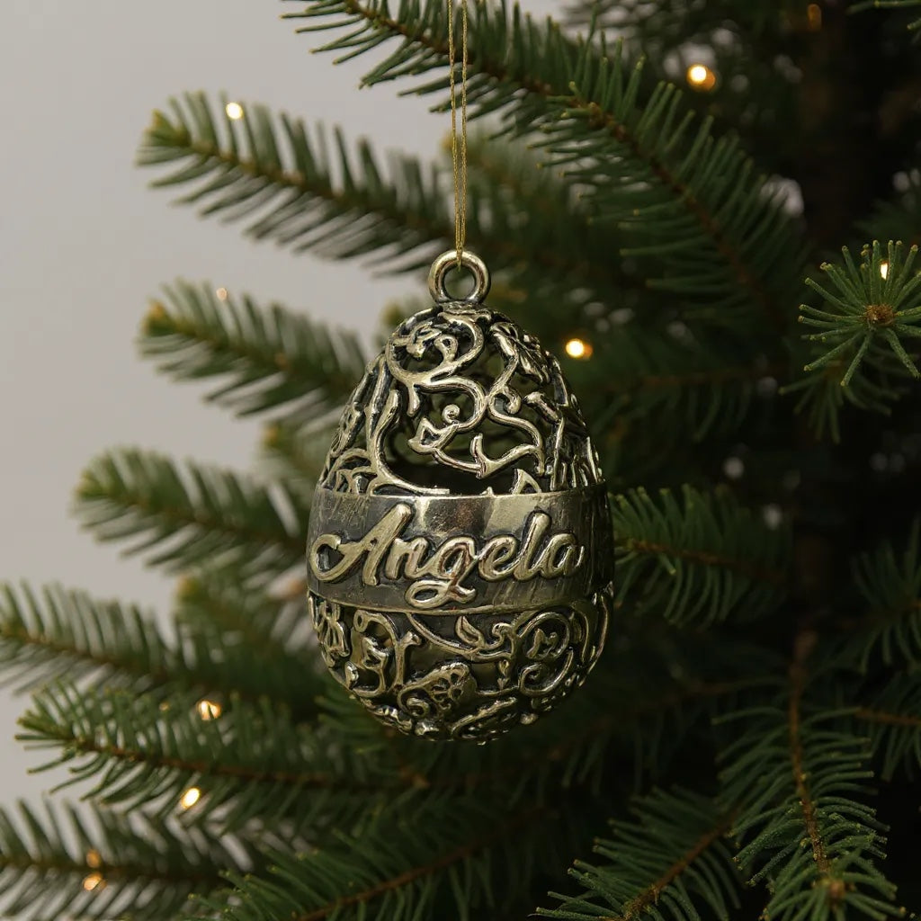Personalised floral egg christmas bauble | antique gold metallic ornament | set of 2 or 4