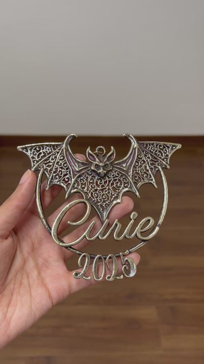 Personalised bat christmas ornament | filigree metallic tree decoration in gold, silver or antique | set of 2 or 4