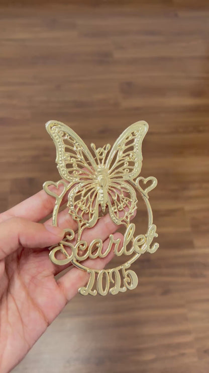 Personalised Butterfly Christmas ornament | metallic filigree name tag in gold, silver or antique | set of 2 or 4