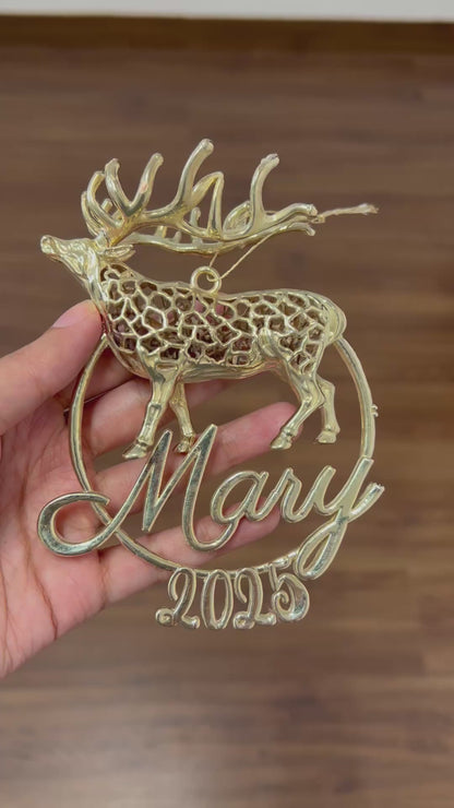 Personalised Reindeer christmas ornament | metallic tree decoration in gold, silver or antique | set of 2 or 4