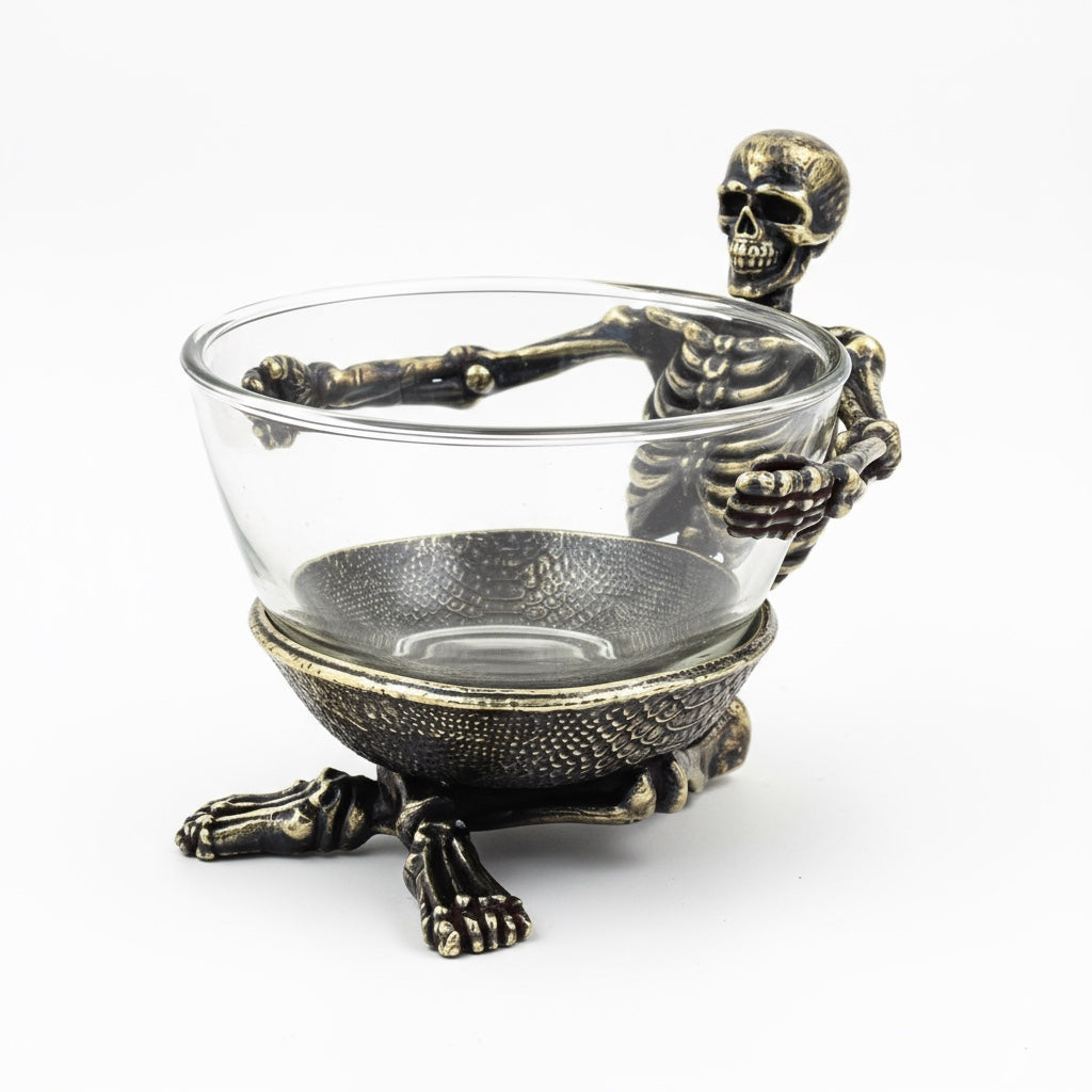 Skeleton Bowl with Glass Insert – Gothic Decorative Serveware | Gold, Silver or Antique Finish