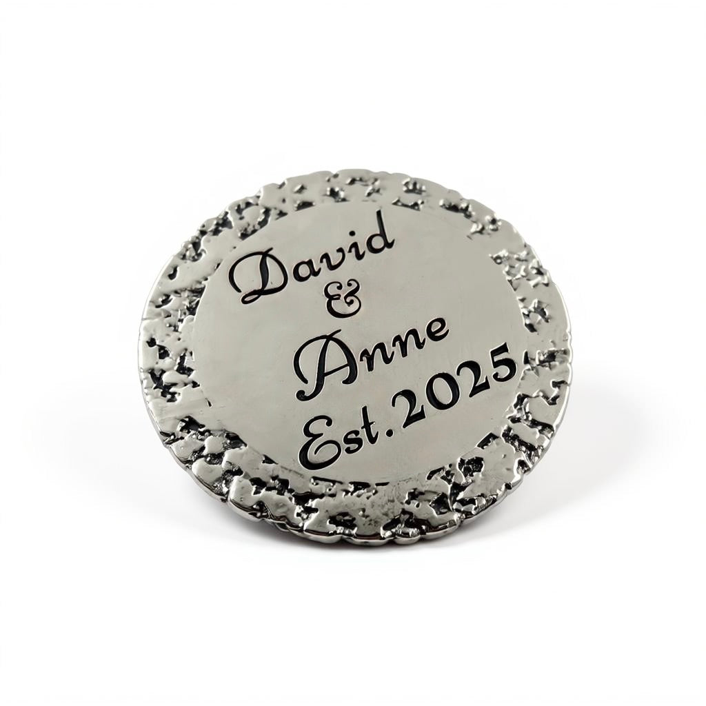 Custom engraved round coasters | Personalised metal name decor in gold, silver or antique | set of 4