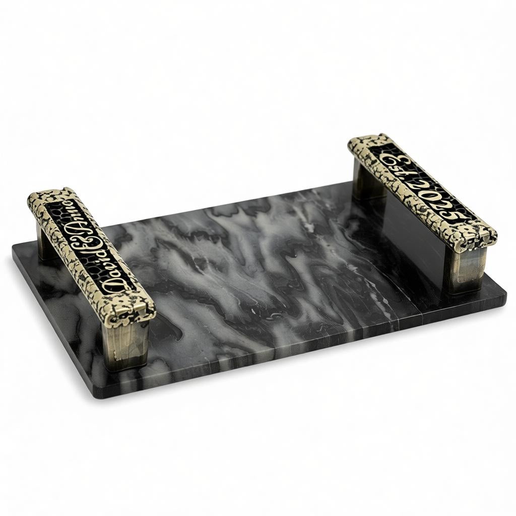 Personalised black marble serving tray | custom engraved handles in antique finish