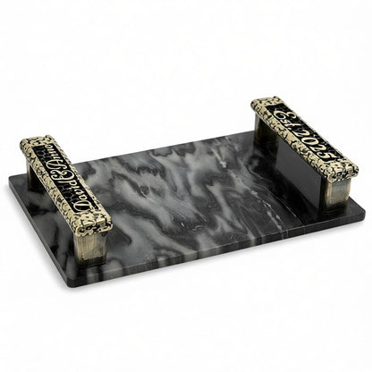 Personalised black marble serving tray | custom engraved handles in antique finish