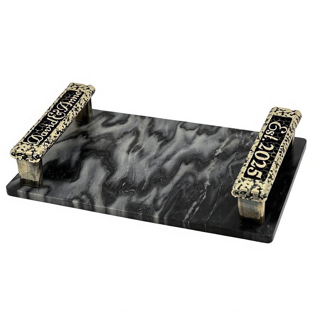 Personalised black marble serving tray | custom engraved handles in antique finish
