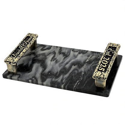 Personalised black marble serving tray | custom engraved handles in antique finish