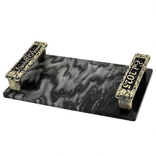 Personalised black marble serving tray | custom engraved handles in antique finish