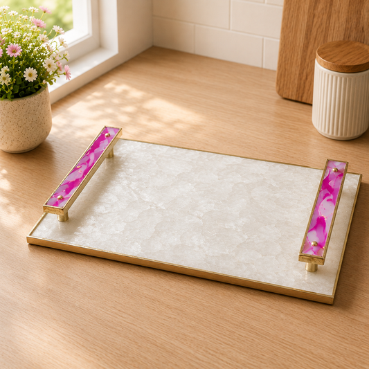 White Agate Serving Tray — Pink Agate Handles