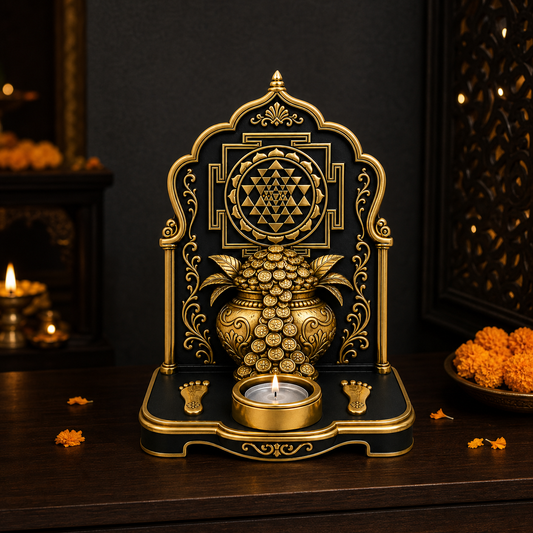 Shree Yantra kalash tealight holder lit on a dark wooden console with marigolds and brass diyas