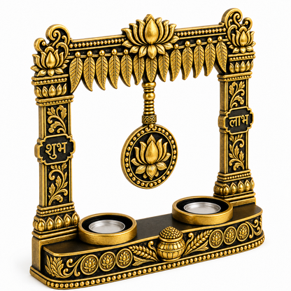Angled view of the Shubh Labh toran tealight holder showing the two tea light cups and curved base